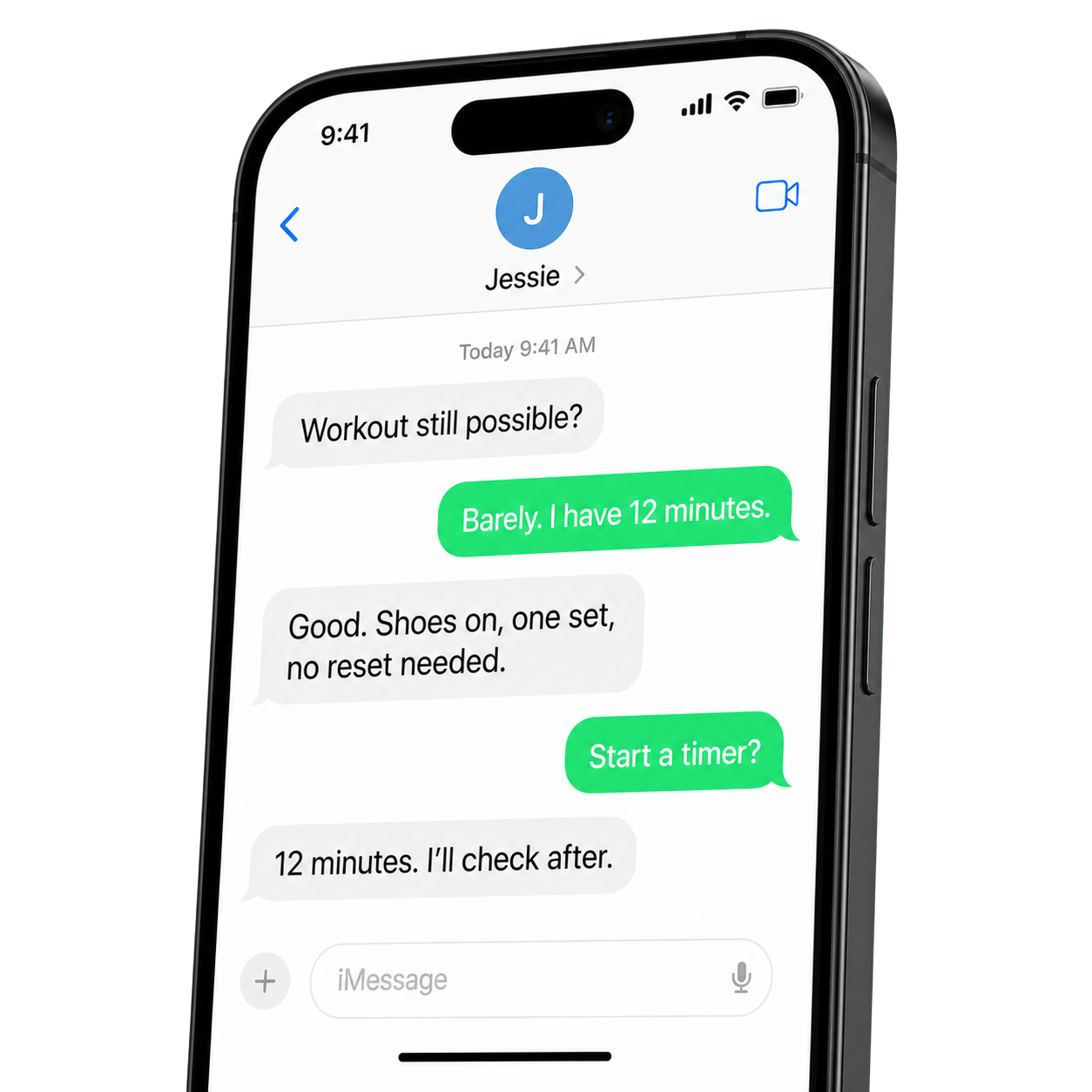 Jessie Chat text messages about routine accountability and a short workout.
